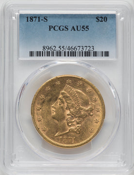 1871-S $20 Liberty Double Eagle PCGS AU55