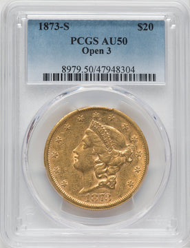 1873-S $20 OPEN 3 Liberty Double Eagle PCGS AU50