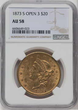 1873-S $20 OPEN 3 Liberty Double Eagle NGC AU58