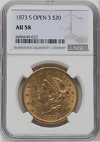 1873-S $20 OPEN 3 Liberty Double Eagle NGC AU58