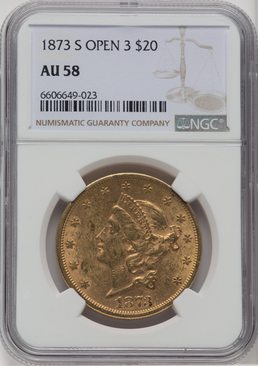 1873-S $20 OPEN 3 Liberty Double Eagle NGC AU58