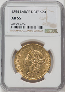 1854 $20 Large Date Proof Liberty Double Eagle NGC AU55