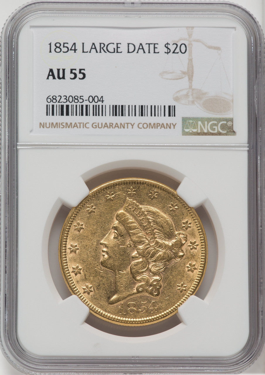 1854 $20 Large Date Proof Liberty Double Eagle NGC AU55