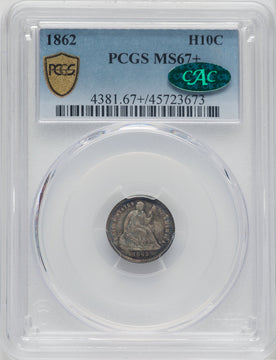 1862 H10C CAC Seated Half Dime PCGS MS67+