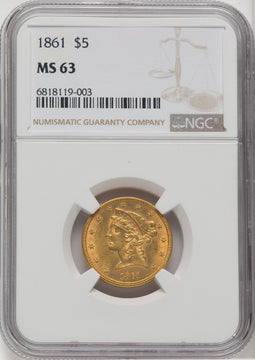 1861 $5 Liberty Half Eagle NGC MS63