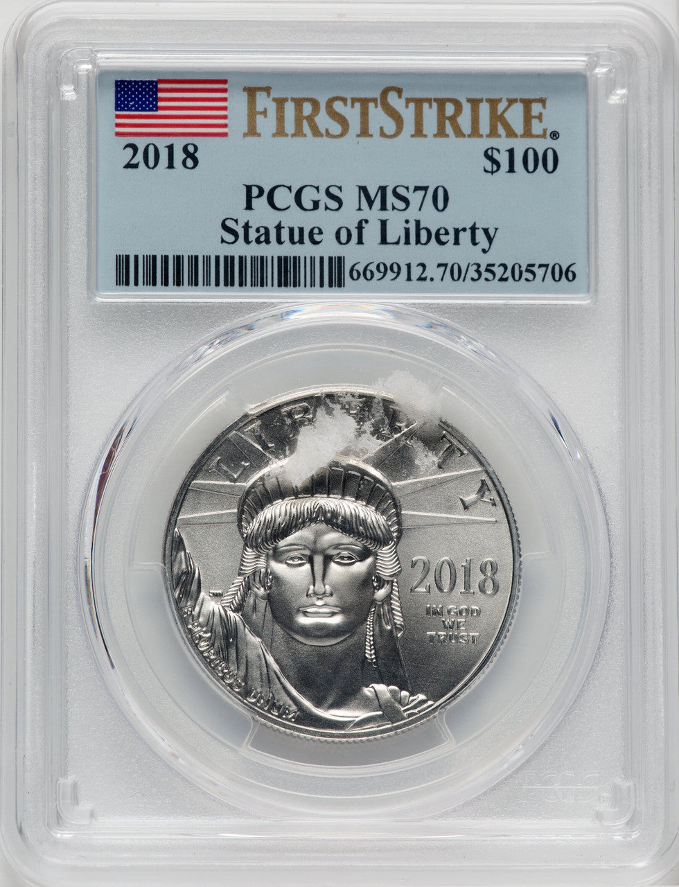 2018 $100 One-Ounce Platinum Eagle Statue of Liberty First Strike PCGS MS70