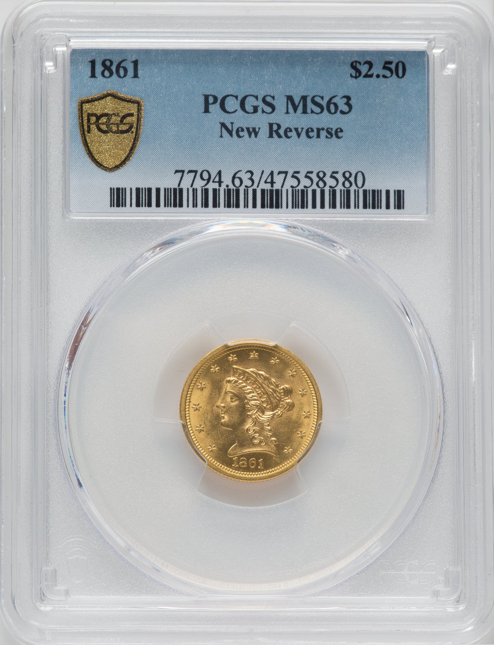 1861 $2.50 New Reverse Type 2 Liberty Quarter Eagle PCGS MS63