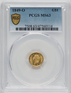 1849-O G$1 Open Wreath Gold Dollar PCGS MS63