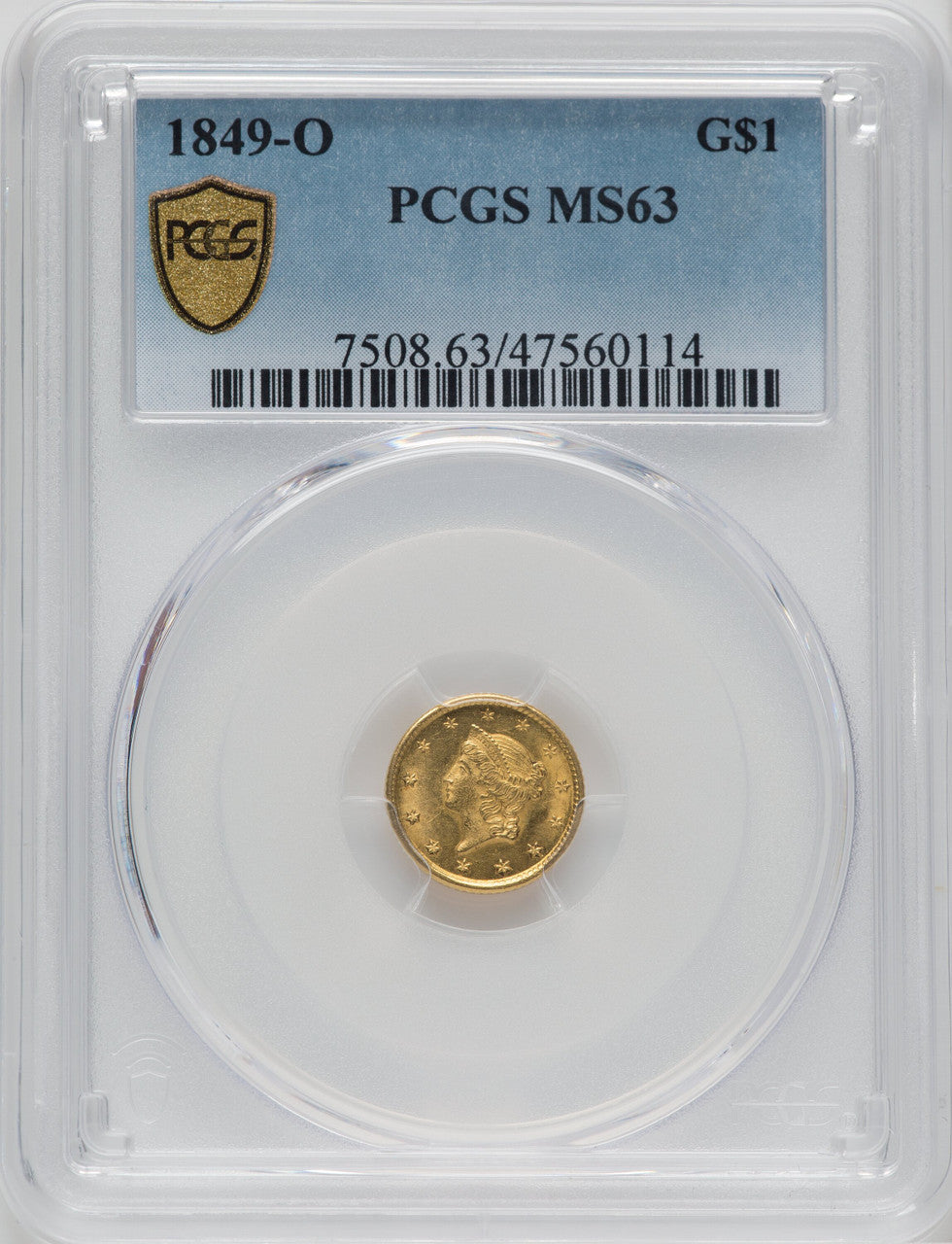 1849-O G$1 Open Wreath Gold Dollar PCGS MS63