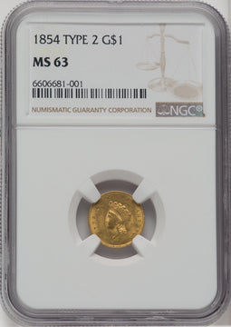 1854 G$1 Type Two Gold Dollar NGC MS63