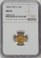 1854 G$1 Type Two Gold Dollar NGC MS63