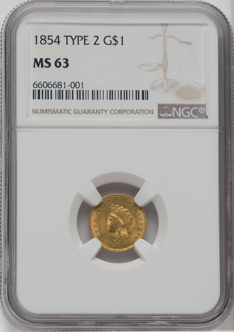 1854 G$1 Type Two Gold Dollar NGC MS63