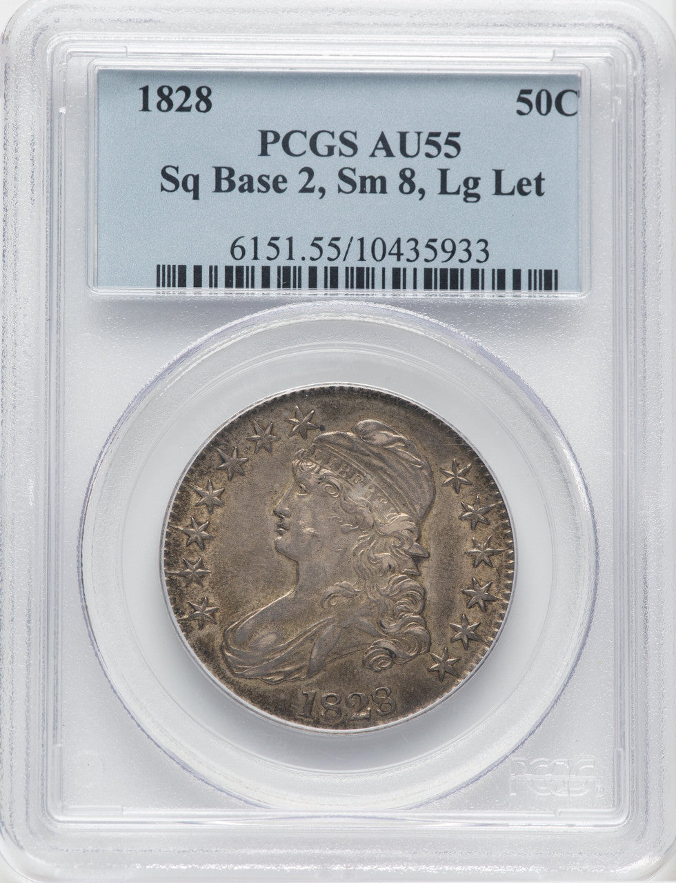 1828 50C Sq Base 2 Sm 8 Lg Let Bust Half Dollar PCGS AU55