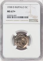1938-D 5C Buffalo Buffalo Nickel NGC MS67+