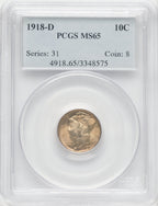 1918-D 10C Mercury Dime PCGS MS65