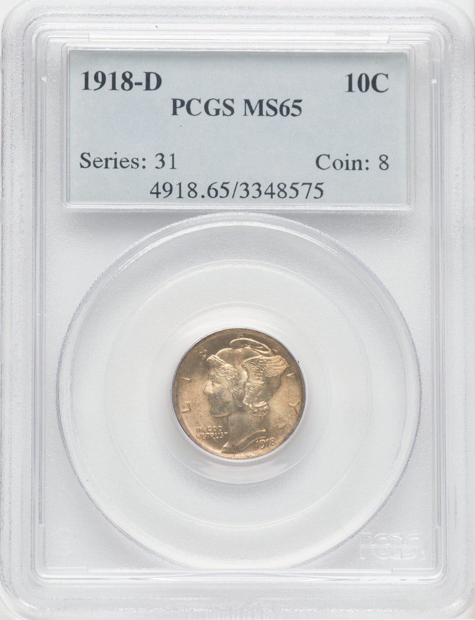 1918-D 10C Mercury Dime PCGS MS65