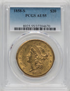 1858-S $20 Liberty Double Eagle PCGS AU55