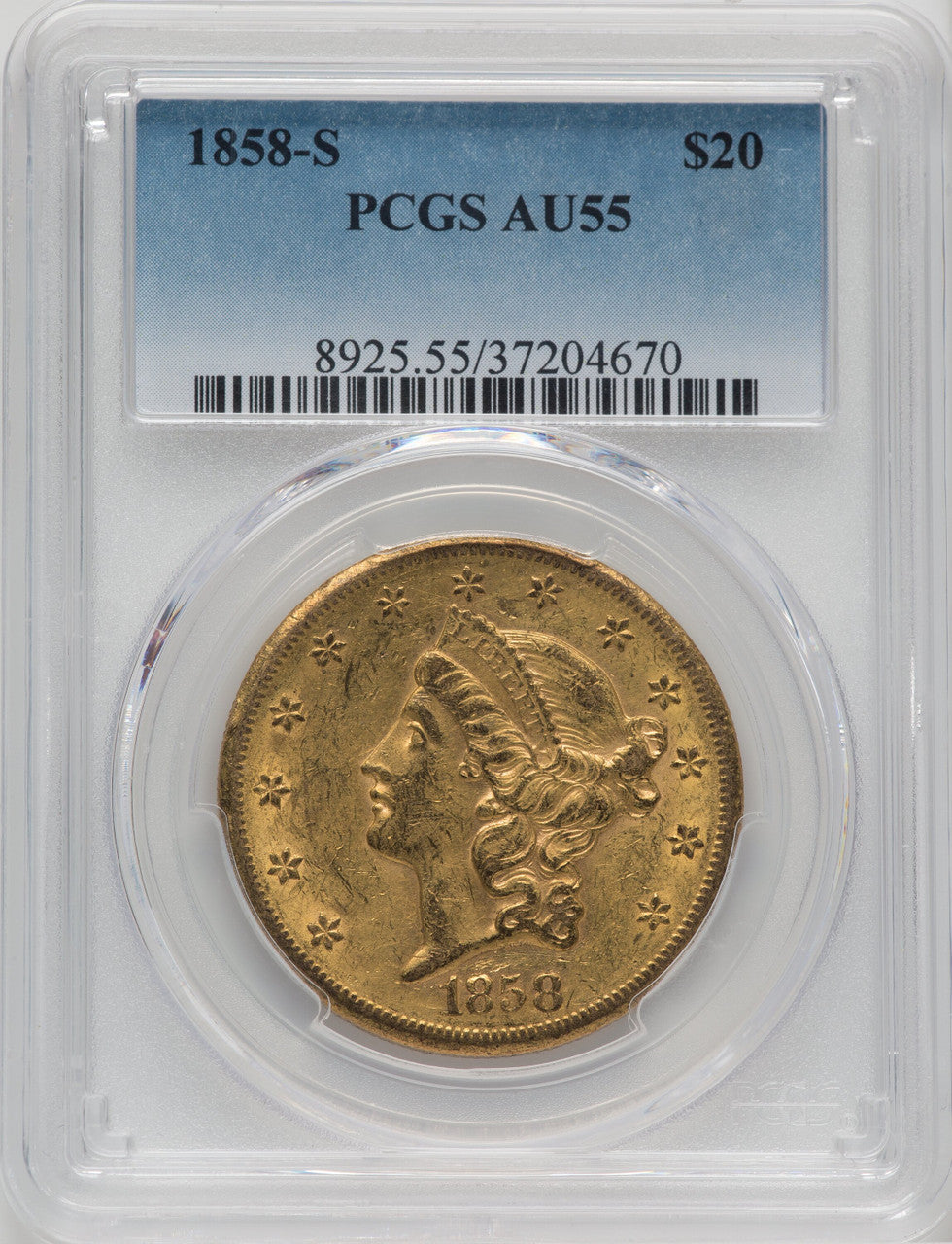 1858-S $20 Liberty Double Eagle PCGS AU55