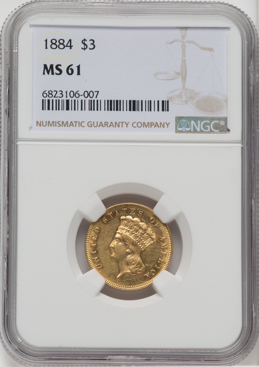 1884 $3 Three Dollar Gold Pieces NGC MS61