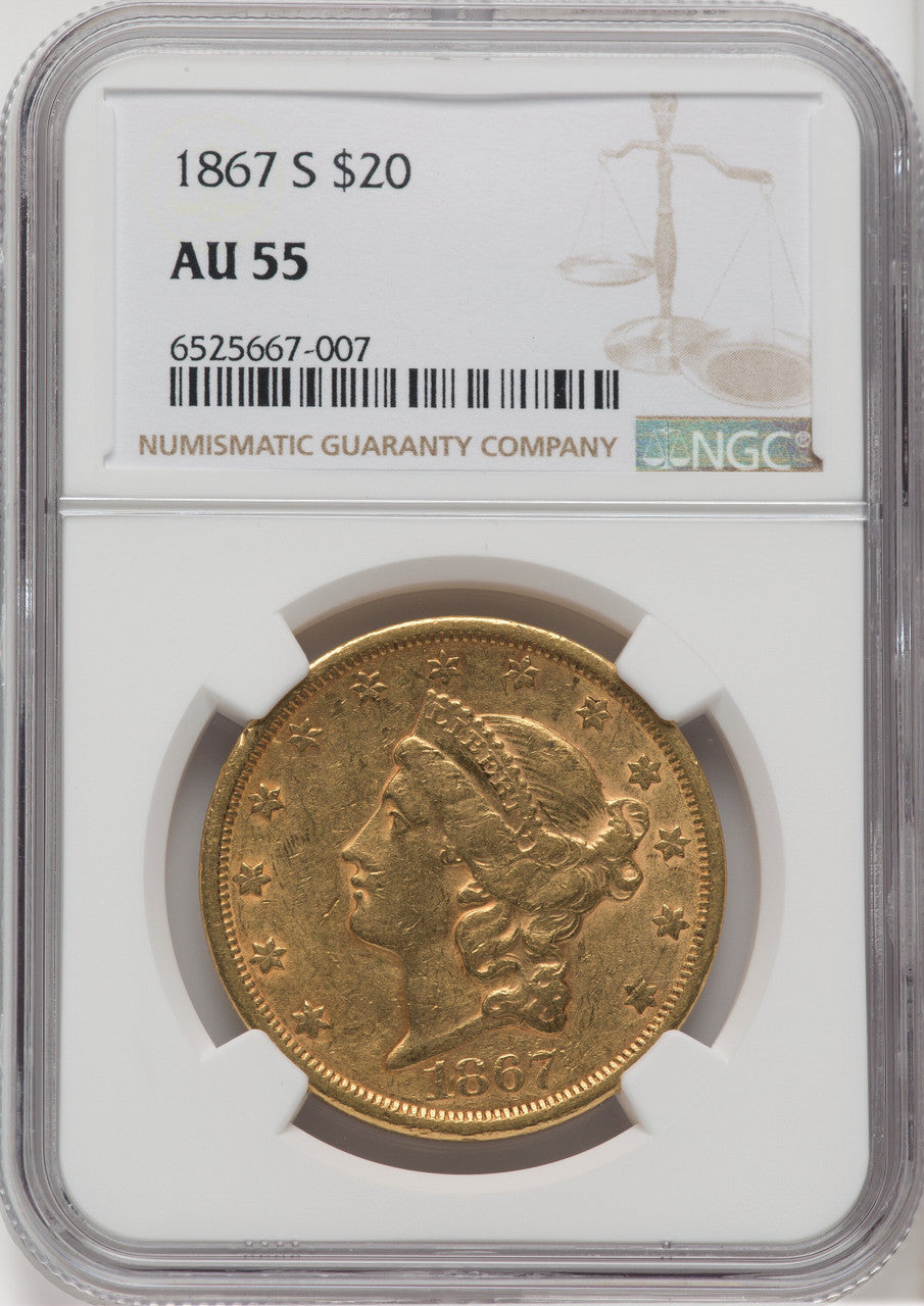 1867-S $20 Liberty Double Eagle NGC AU55