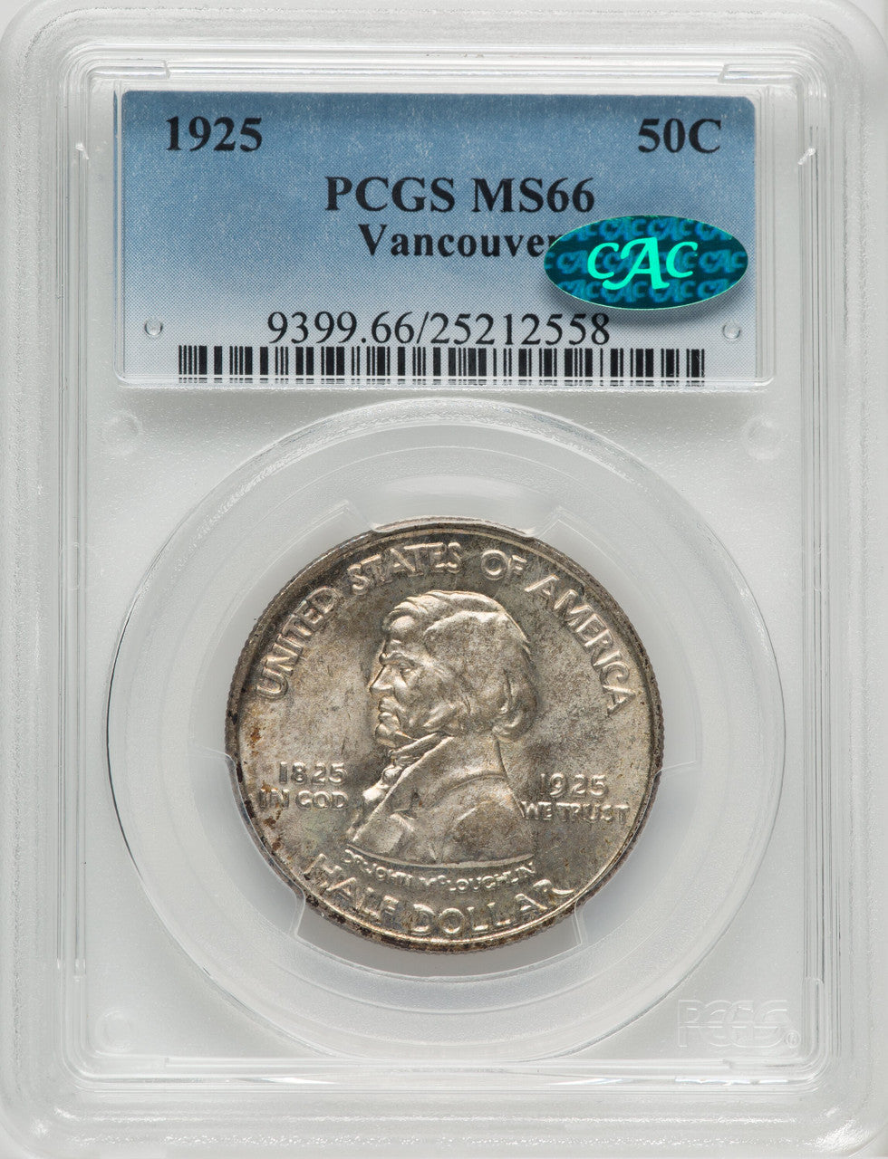 1925 50C Vancouver CAC Commemorative Silver PCGS MS66
