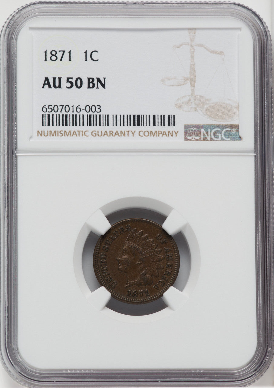 1871 1C BN Indian Cent NGC AU50