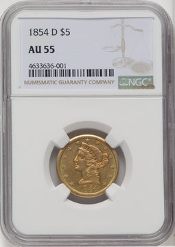1854-D $5 Large D Liberty Half Eagle NGC AU55