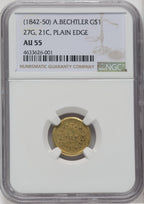 1842-52 A. Bechtler Dollar 27G. 21C. Plain Edge Territorial Gold NGC AU55