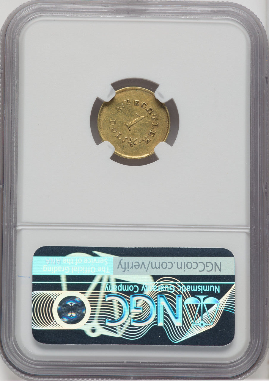 1842-52 A. Bechtler Dollar 27G. 21C. Plain Edge Territorial Gold NGC AU55