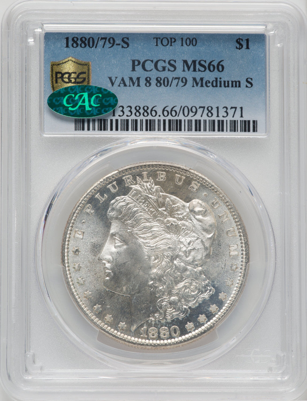 1880/79-S $1 VAM-8 Medium S CAC Morgan Dollar PCGS MS66