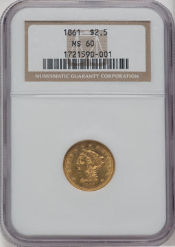 1861 $2.50 New Reverse Type 2 Liberty Quarter Eagle NGC MS60