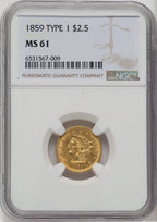 1859 $2.50 Old Rev. Liberty Quarter Eagle NGC MS61