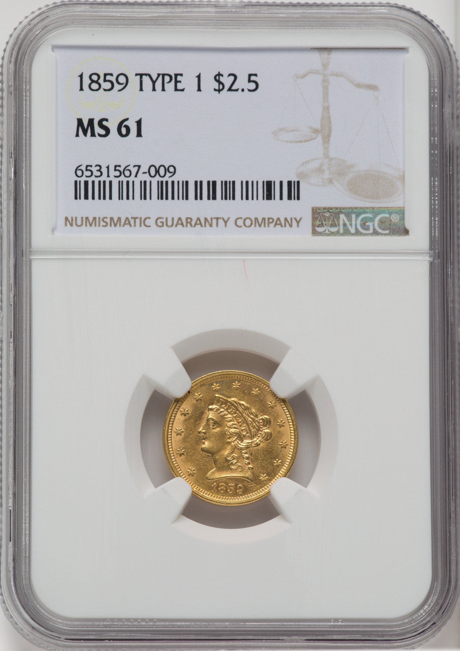 1859 $2.50 Old Rev. Liberty Quarter Eagle NGC MS61