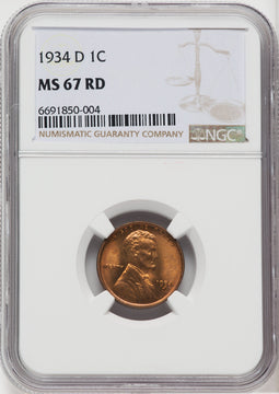 1934-D 1C RD Lincoln Cent NGC MS67