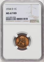 1934-D 1C RD Lincoln Cent NGC MS67