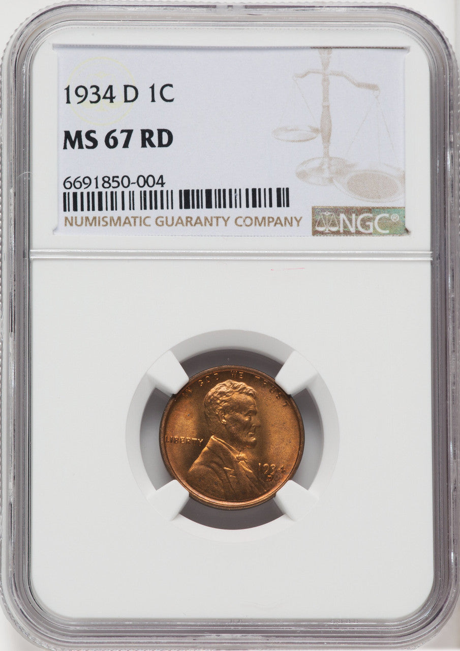 1934-D 1C RD Lincoln Cent NGC MS67