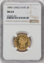 1846 $5 Large Date Liberty Half Eagle NGC MS64