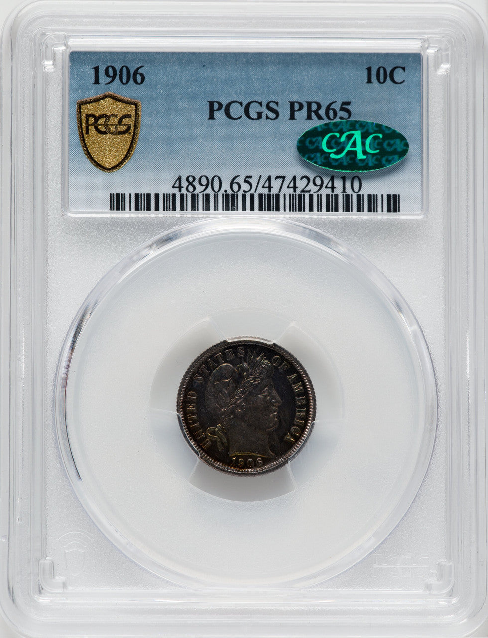 1906 10C CAC Proof Barber Dime PCGS PR65