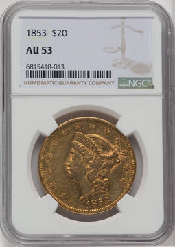 1853 $20 Liberty Double Eagle NGC AU53