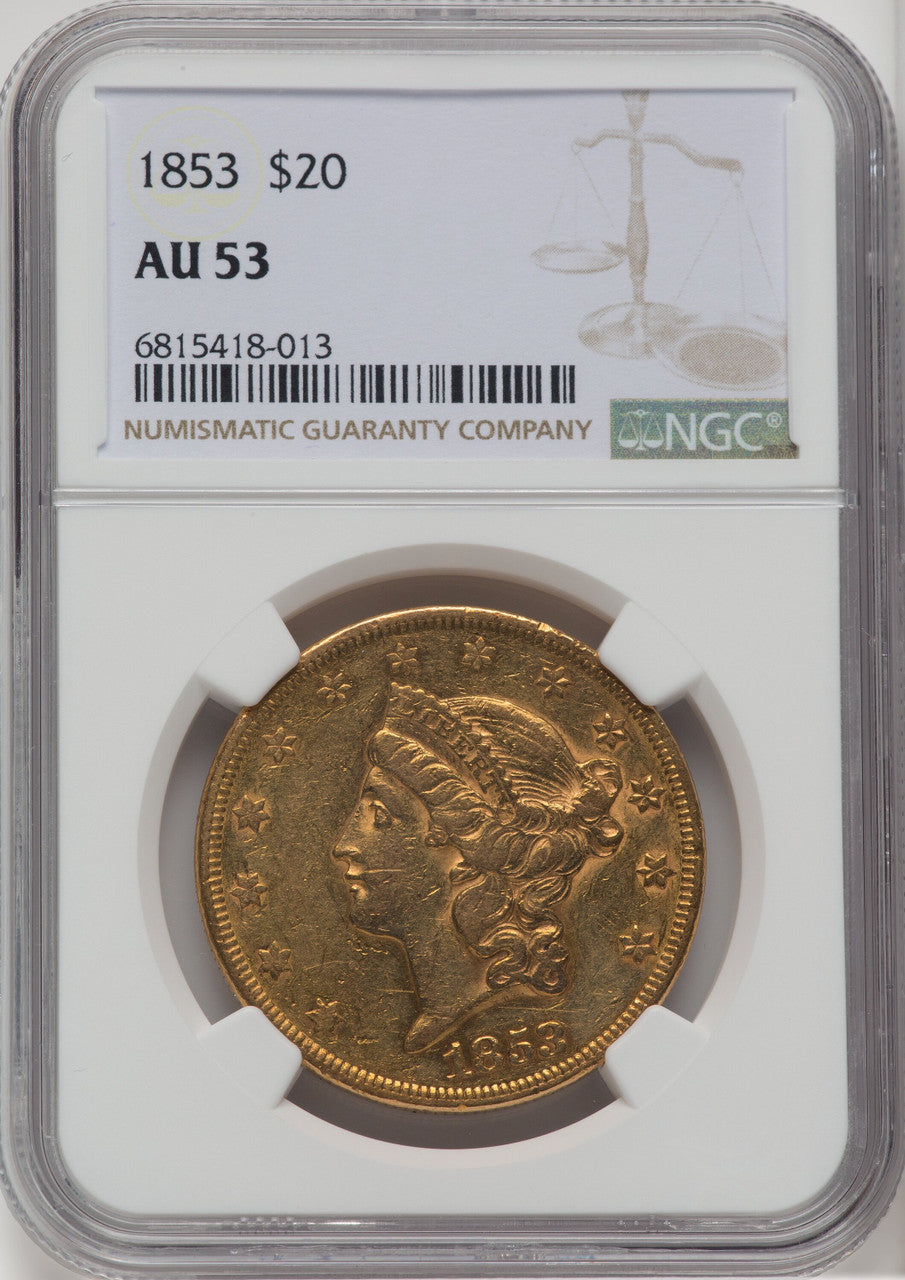 1853 $20 Liberty Double Eagle NGC AU53