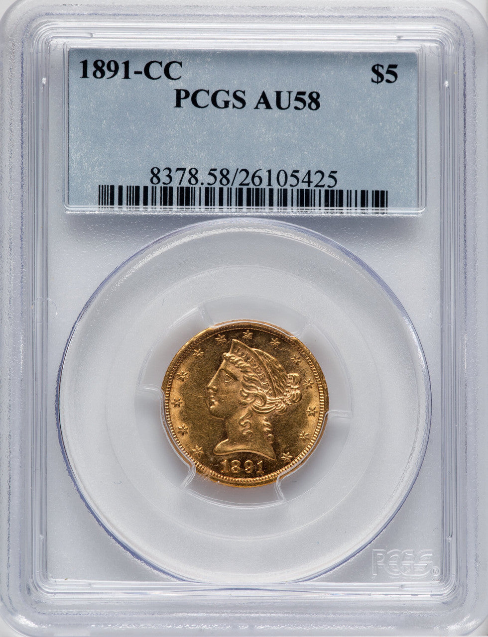 1891-CC $5 Liberty Half Eagle PCGS AU58