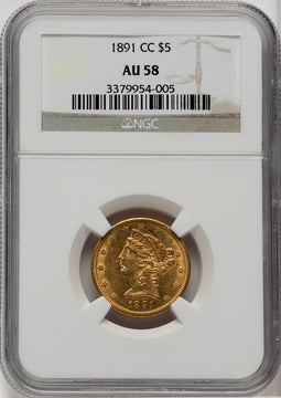 1891-CC $5 Liberty Half Eagle NGC AU58