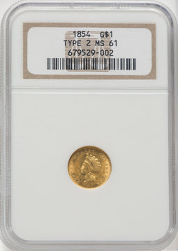 1854 G$1 Type Two Gold Dollar NGC MS61