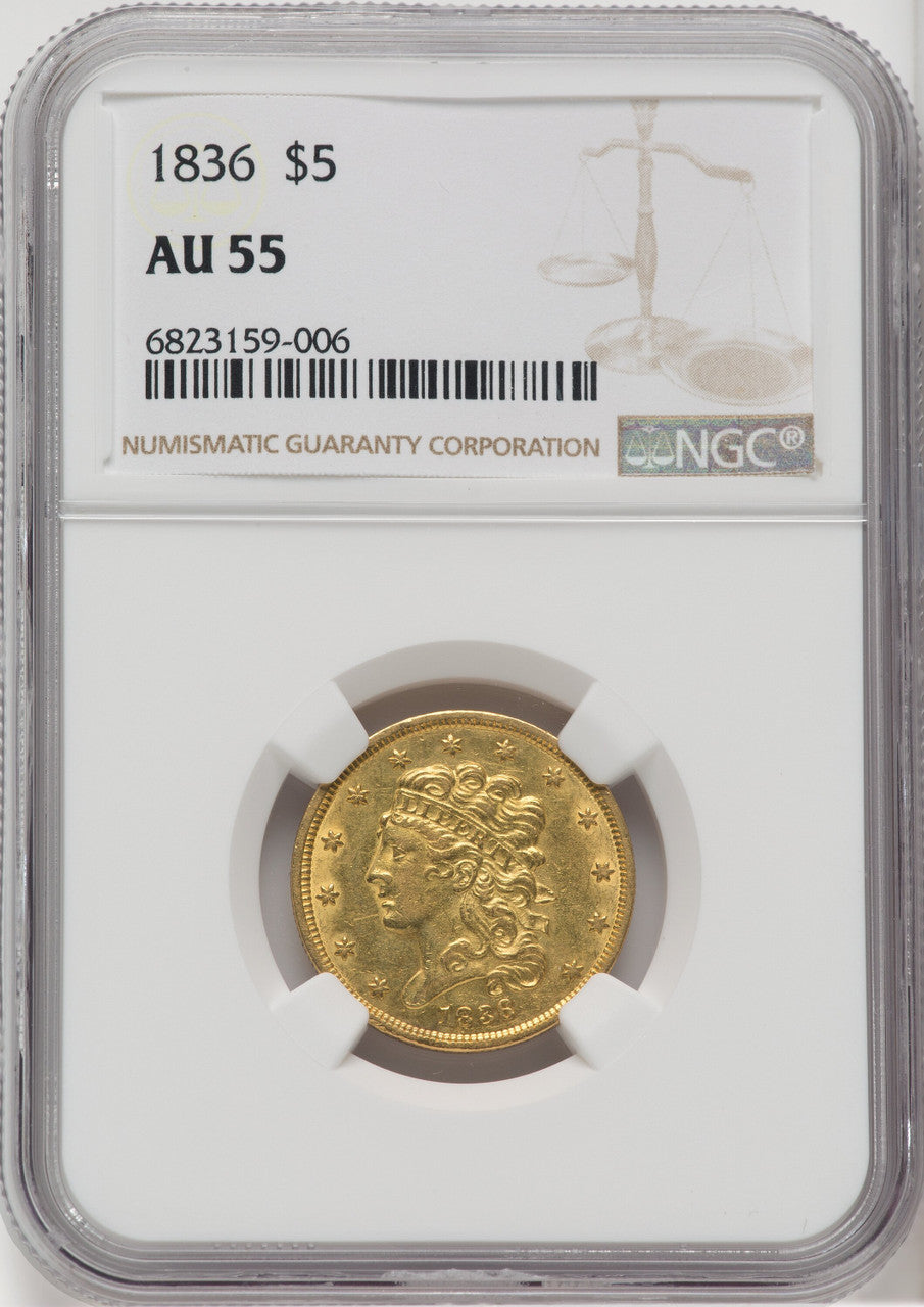 1836 $5 Classic Half Eagle NGC AU55