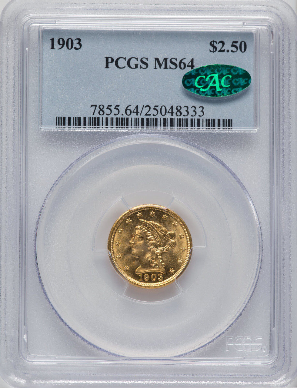 1903 $2.50 CAC Liberty Quarter Eagle PCGS MS64
