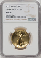 2009 $20 One-Ounce Gold Ultra High Relief Twenty Dollar Brown Label NGC MS70