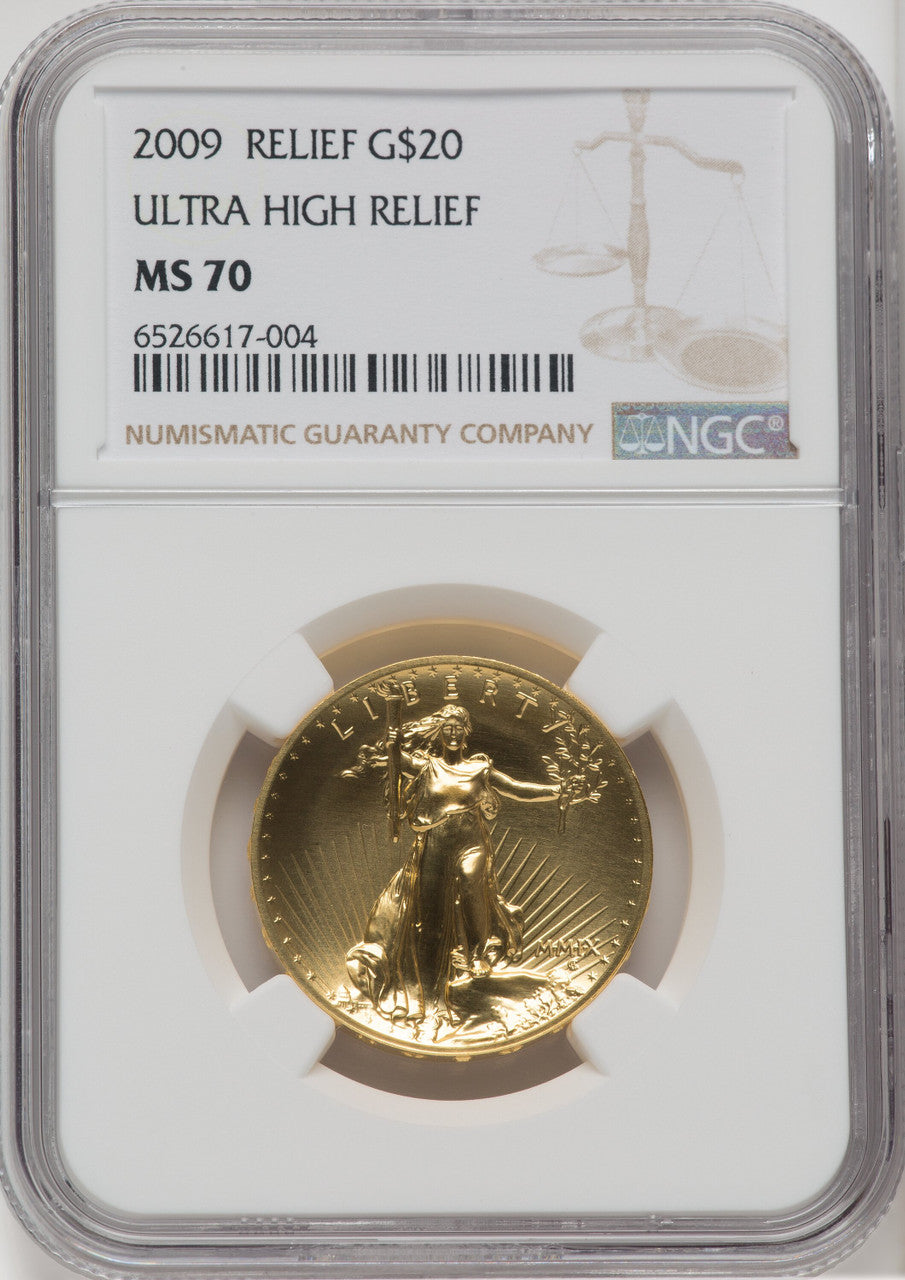 2009 $20 One-Ounce Gold Ultra High Relief Twenty Dollar Brown Label NGC MS70