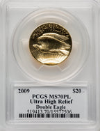 2009 $20 One-Ounce Gold Ultra High Relief Mercanti Signature PL PCGS MS70