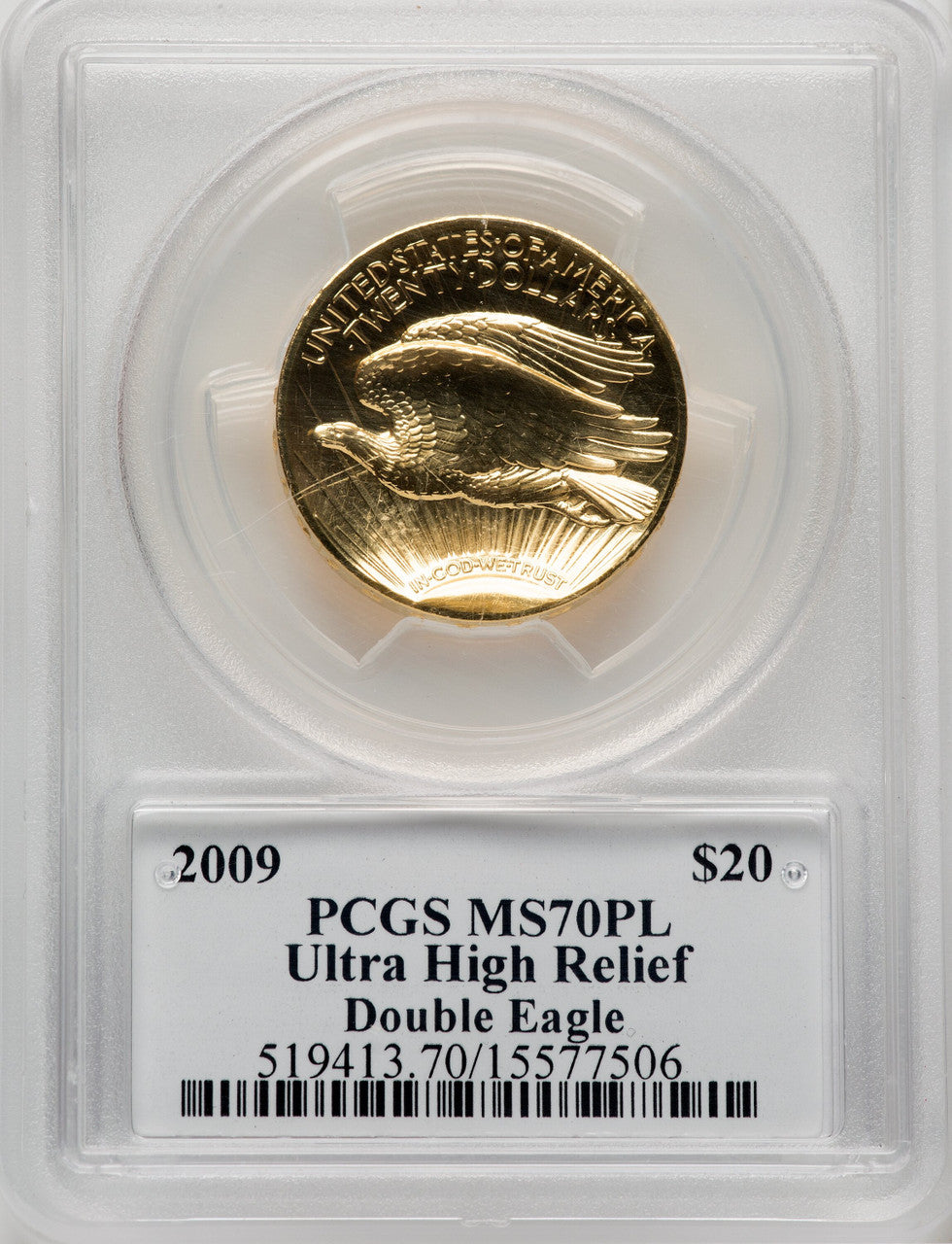 2009 $20 One-Ounce Gold Ultra High Relief Mercanti Signature PL PCGS MS70