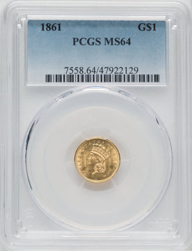 1861 G$1 Gold Dollar PCGS MS64